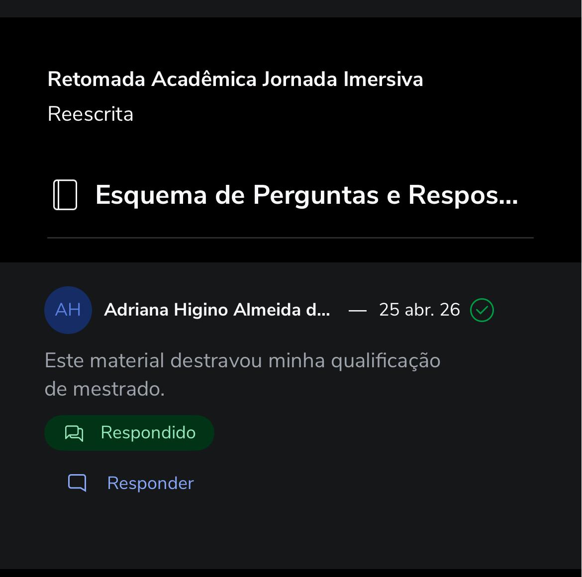 Depoimento 13 de aluna da Oficina